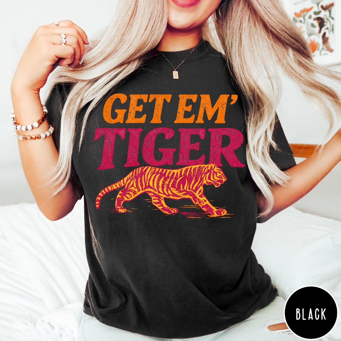 Comfort Colors tee in Black featuring vintage style graphic with Get Em Tiger text and tiger illustration