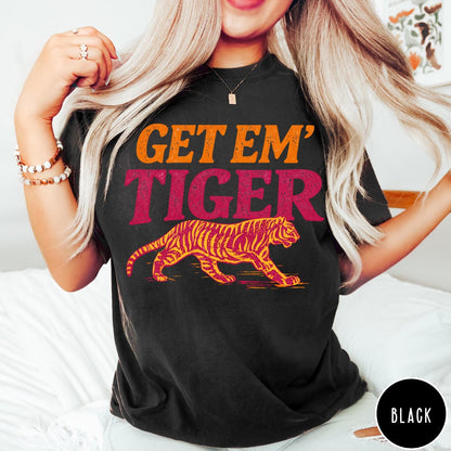 Comfort Colors tee in Black featuring vintage style graphic with Get Em Tiger text and tiger illustration