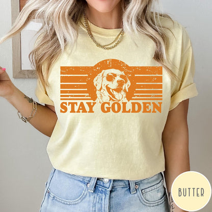 Comfort Colors tee in Butter featuring vintage style graphic of a Golden Retriever wearing sunglasses and text