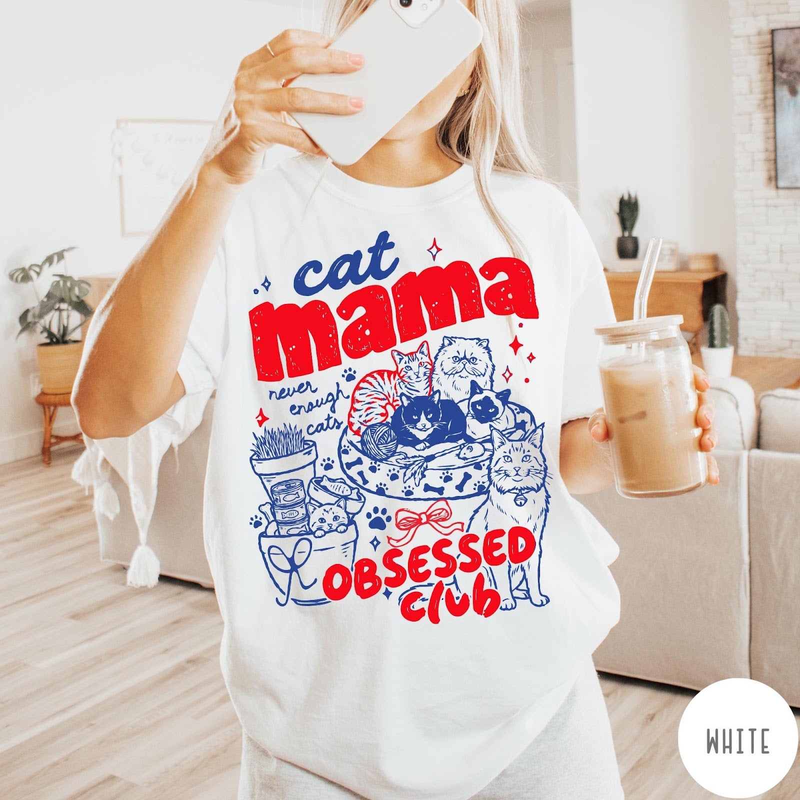 Comfort Colors tee in White featuring cat mama club graphic with multiple cats and red blue ink