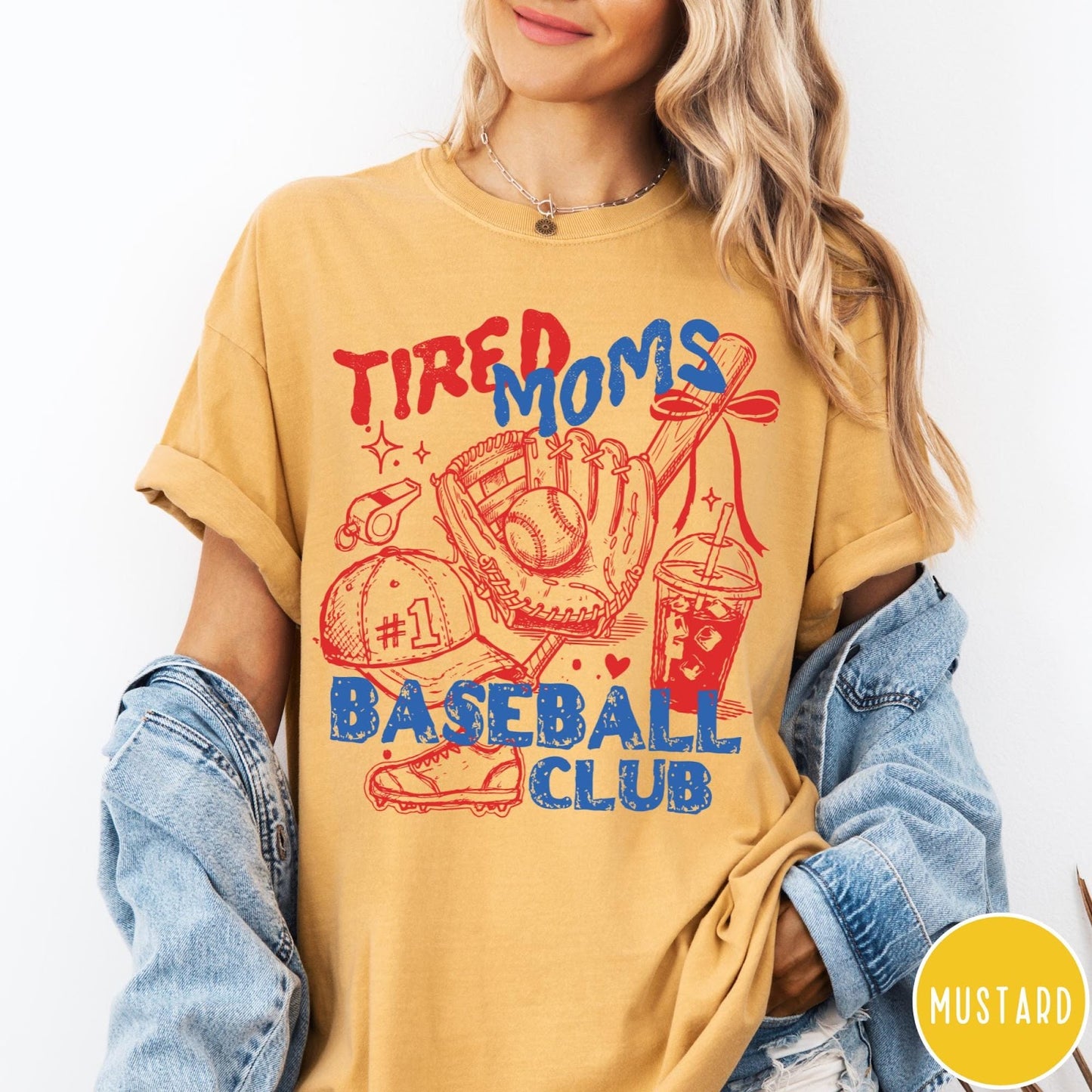 Comfort Colors tee in Mustard featuring baseball mom life graphic with glove, ball, cap, and iced coffee