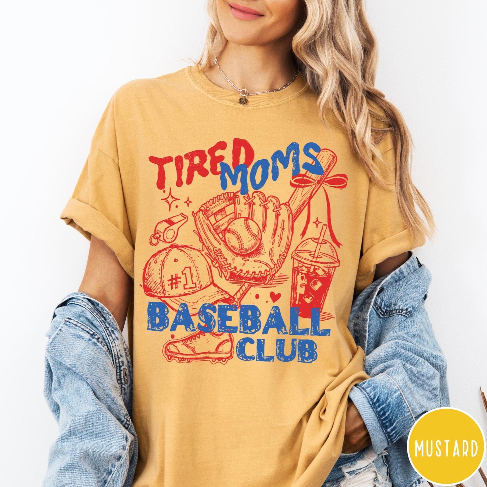 Comfort Colors tee in Mustard featuring baseball mom life graphic with glove, ball, cap, and iced coffee
