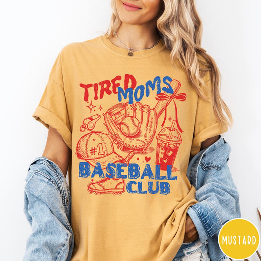 Comfort Colors tee in Mustard featuring baseball mom life graphic with glove, ball, cap, and iced coffee