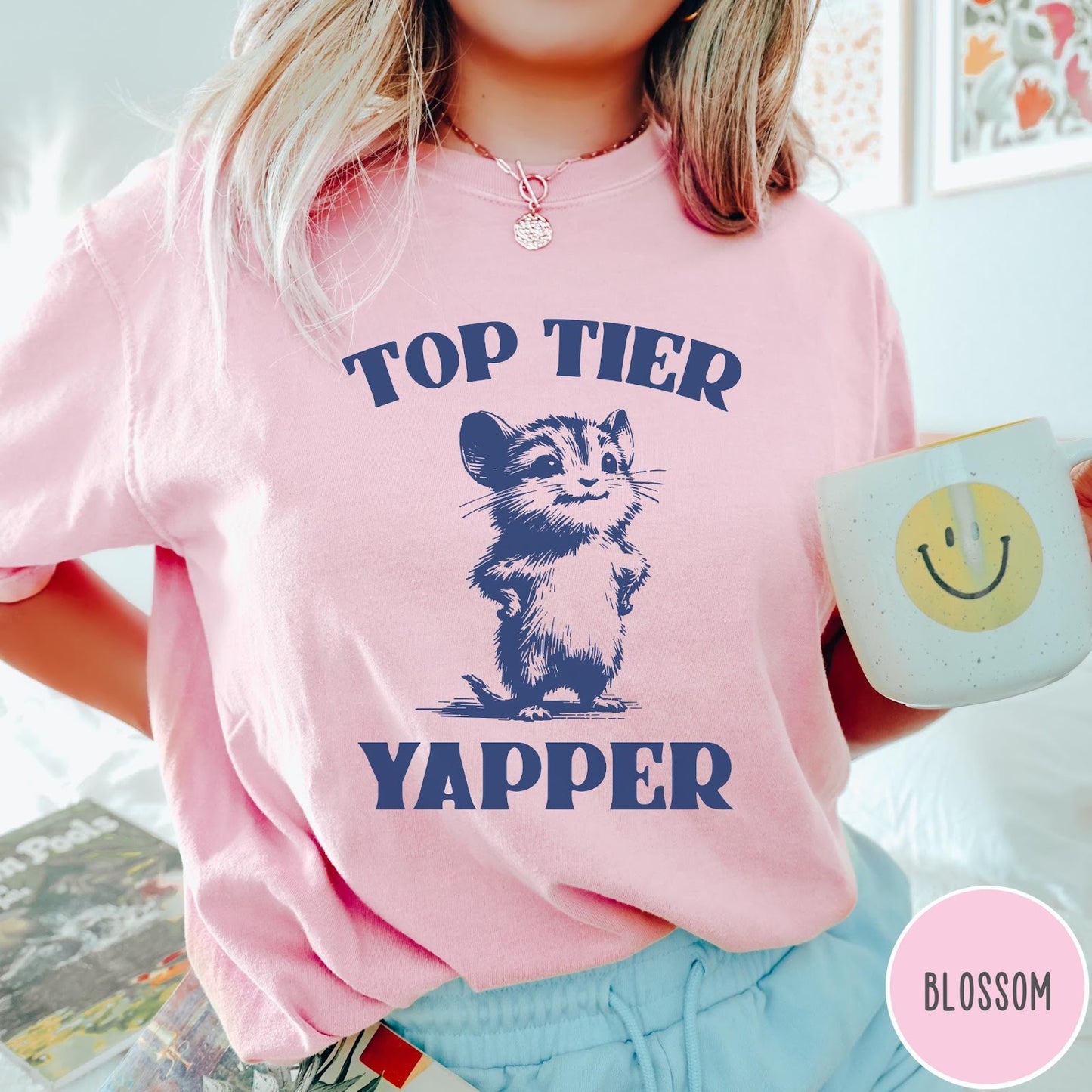 Comfort Colors tee in Blossom featuring graphic design of a chattering animal with Top Tier Yapper text
