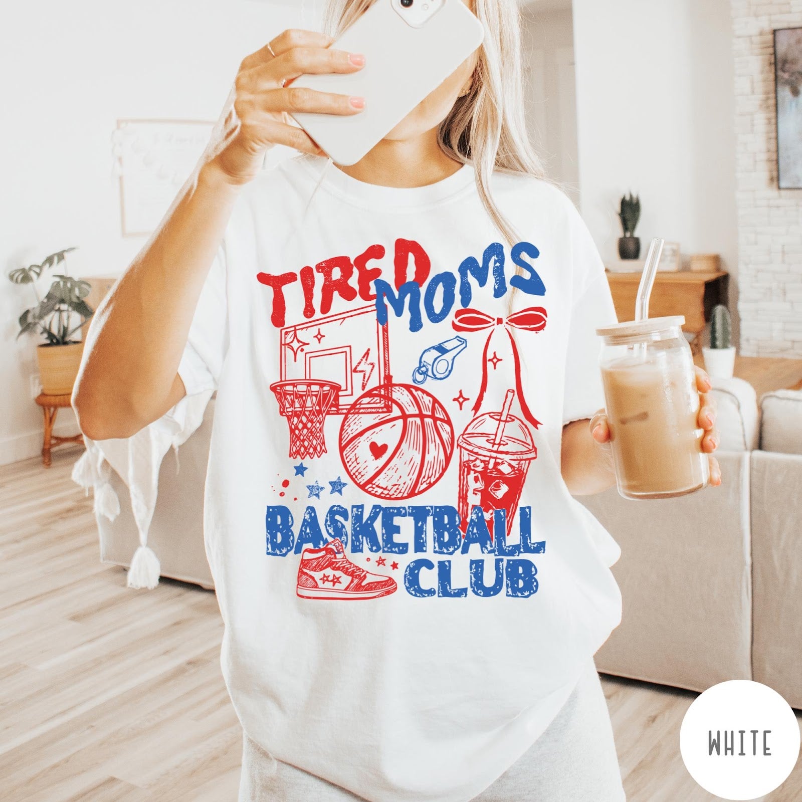 Comfort Colors tee in White featuring basketball mom life graphic with hoop, ball, and sneakers