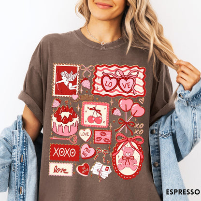 Comfort Colors tee in Espresso featuring vintage collage design with cupid, teddy bear, and Valentine's Day icons