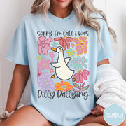 Comfort Colors tee in Chambray featuring cute duck graphic with colorful flowers and Sorry I Was Dilly Dallying text
