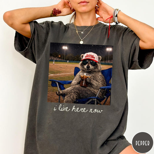 Comfort Colors tee in Pepper featuring graphic style raccoon wearing sunglasses and baseball cap at a stadium