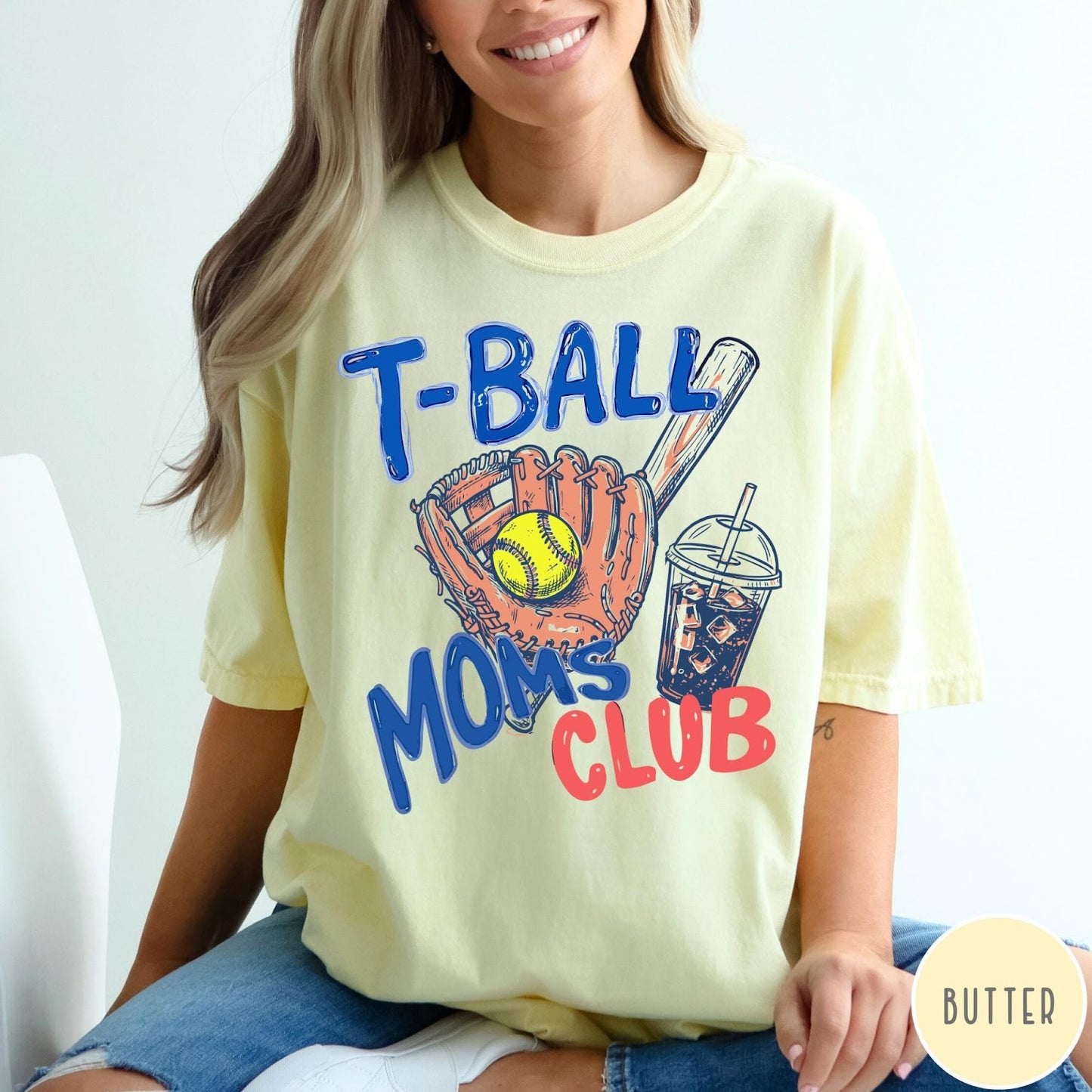 Comfort Colors tee in Butter featuring screen printed T-Ball Moms Club graphic with baseball glove and drink