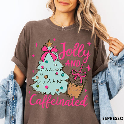 Comfort Colors tee in Espresso featuring festive holiday style with a Christmas tree and iced coffee graphic