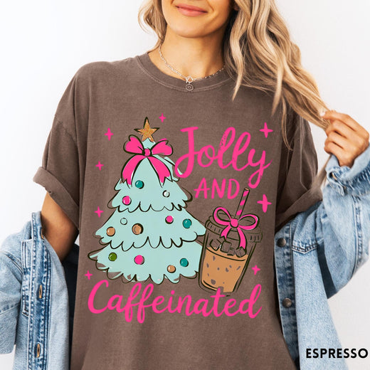 Comfort Colors tee in Espresso featuring festive holiday style with a Christmas tree and iced coffee graphic