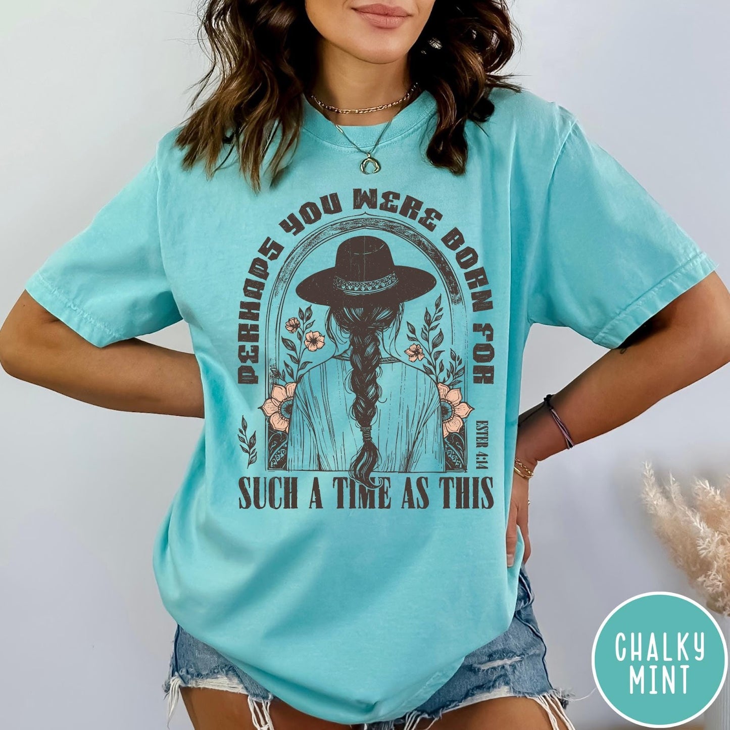 Comfort Colors tee in Chalky Mint featuring boho style graphic of a woman in a hat with flowers