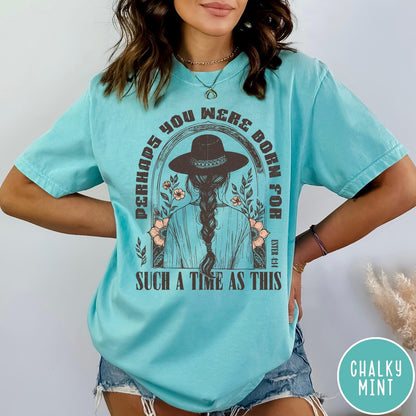 Comfort Colors tee in Chalky Mint featuring boho style graphic of a woman in a hat with flowers