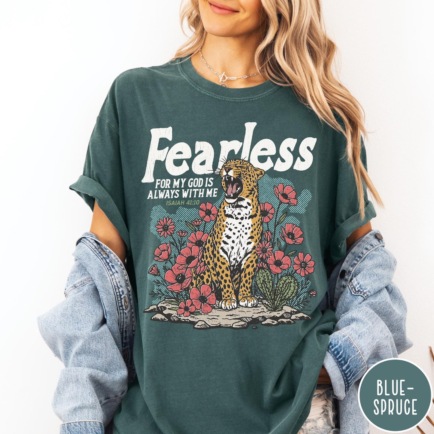 Comfort Colors tee in Blue Spruce featuring vintage style leopard and flower graphic with Bible verse Isaiah 41:10