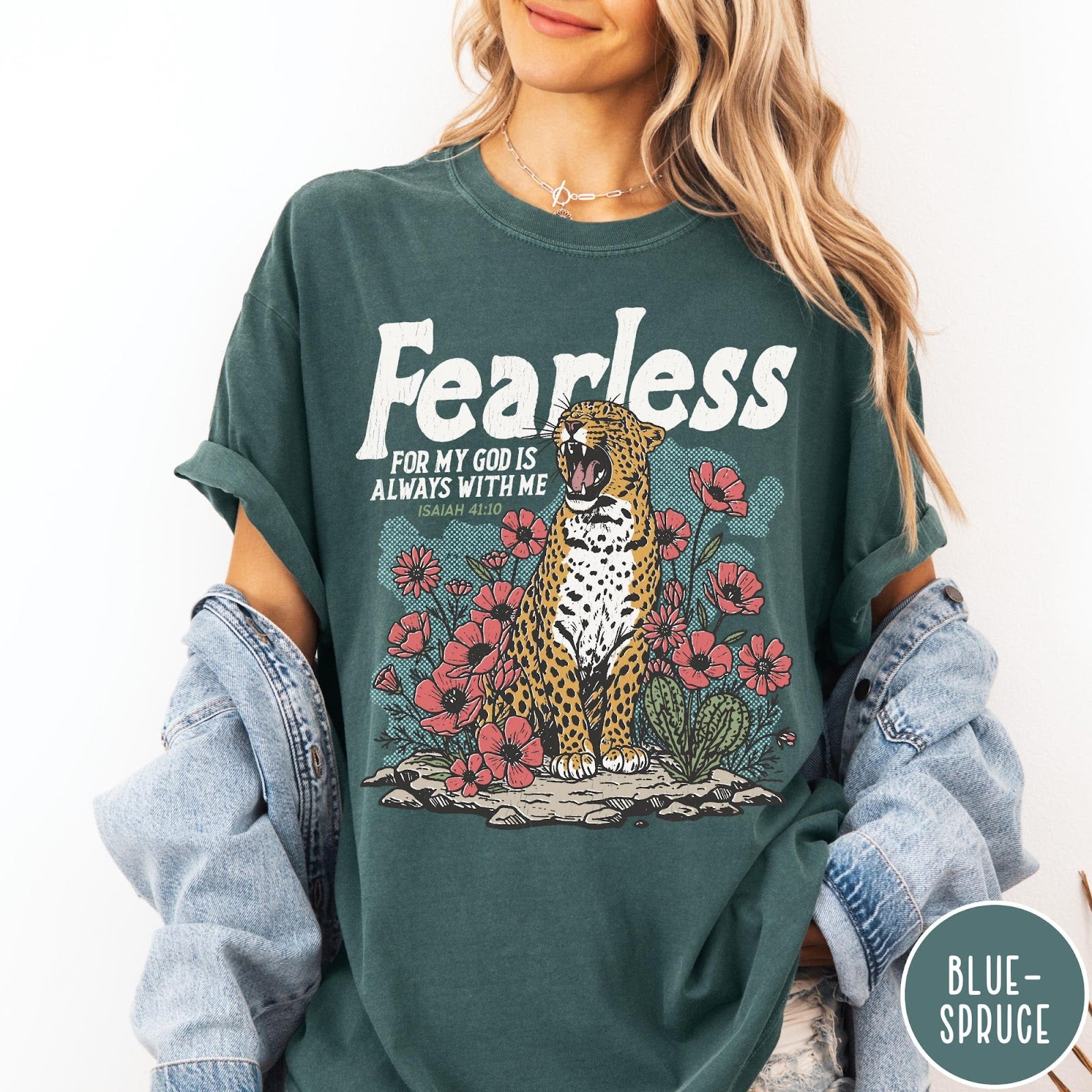 Comfort Colors tee in Blue Spruce featuring vintage style leopard and flower graphic with Bible verse Isaiah 41:10
