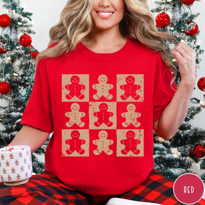 Comfort Colors tee in red featuring a grid design with repeating distressed gingerbread cookie graphic patterns