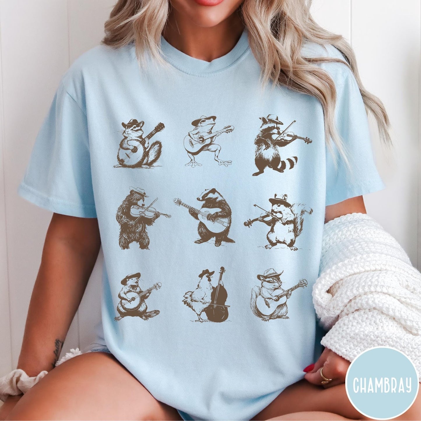 Comfort Colors tee in Chambray featuring vintage style graphic of various animals playing different musical instruments