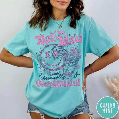 Comfort Colors tee in Chalky Mint featuring retro graphic design with smiley face and iced coffee cup illustration