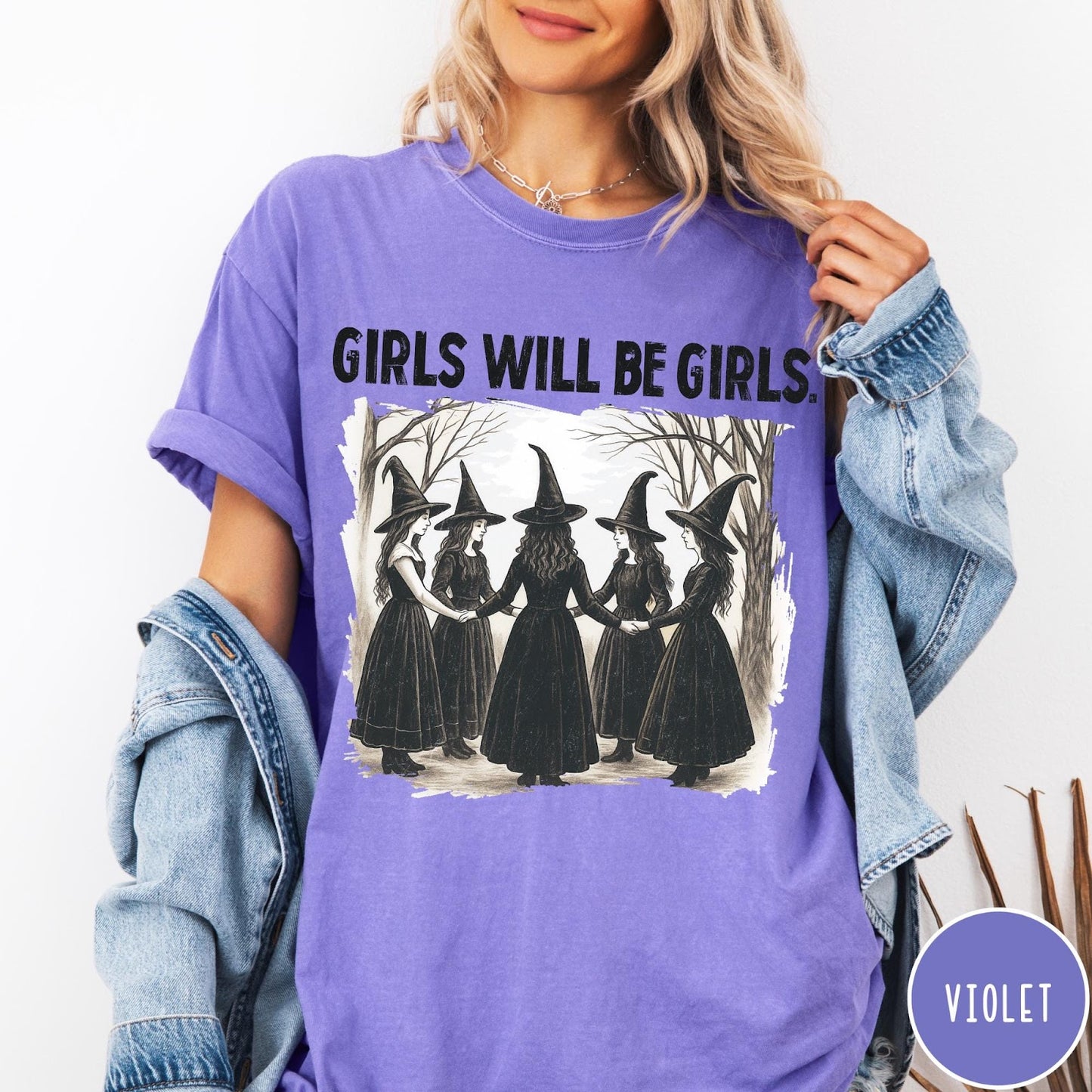 Comfort Colors tee in Violet featuring vintage style graphic of five witches holding hands in a circle