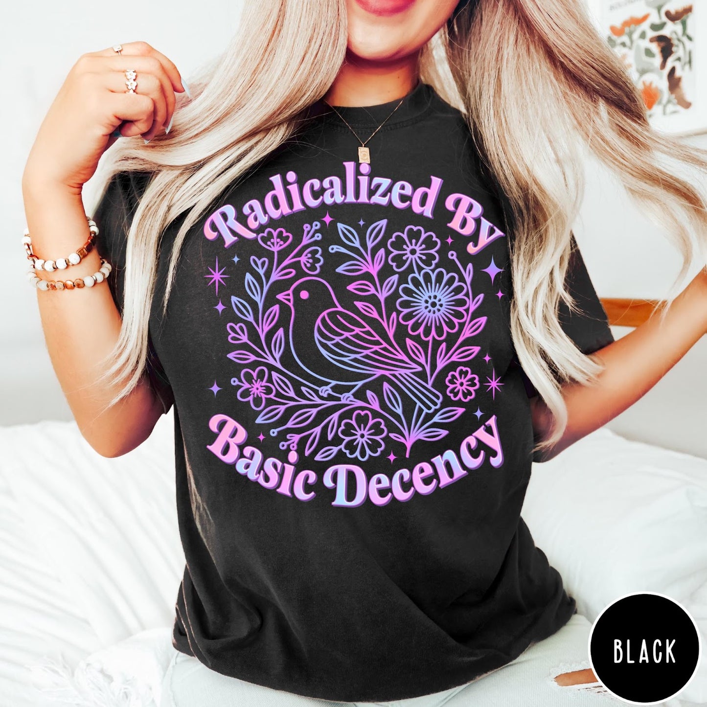 Comfort Colors tee in Black featuring floral design style with a bird and flowers graphic print
