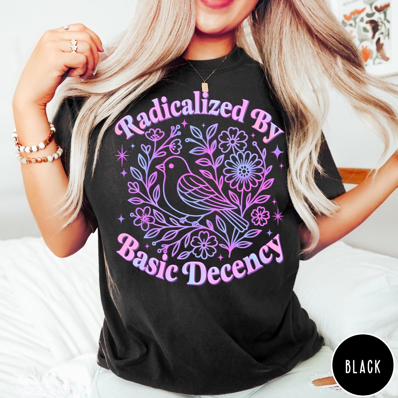 Comfort Colors tee in Black featuring floral design style with a bird and flowers graphic print