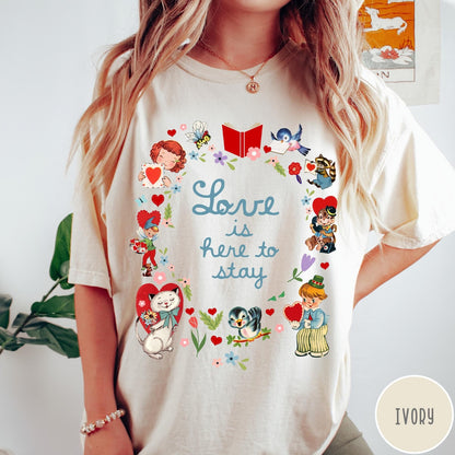 Comfort Colors tee in Ivory featuring vintage Valentine's collage with cute animals, flowers, and romantic text.