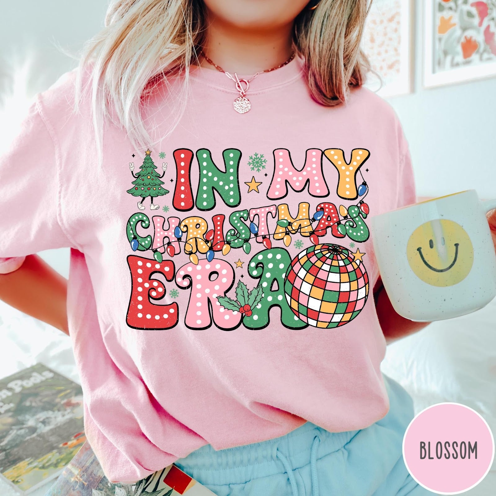 Comfort Colors tee in Blossom featuring Christmas disco style graphic with festive tree and colorful disco ball