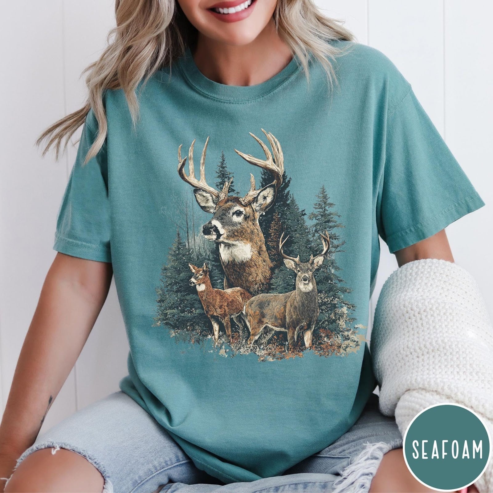 Comfort Colors tee in Seafoam featuring vintage style graphic of deer in a forest