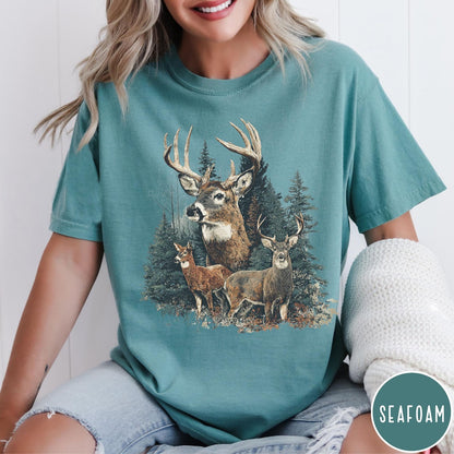 Comfort Colors tee in Seafoam featuring vintage style graphic of deer in a forest