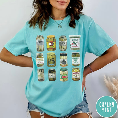 Comfort Colors tee in Chalky Mint featuring graphic design of various pickle jars arranged in a grid pattern