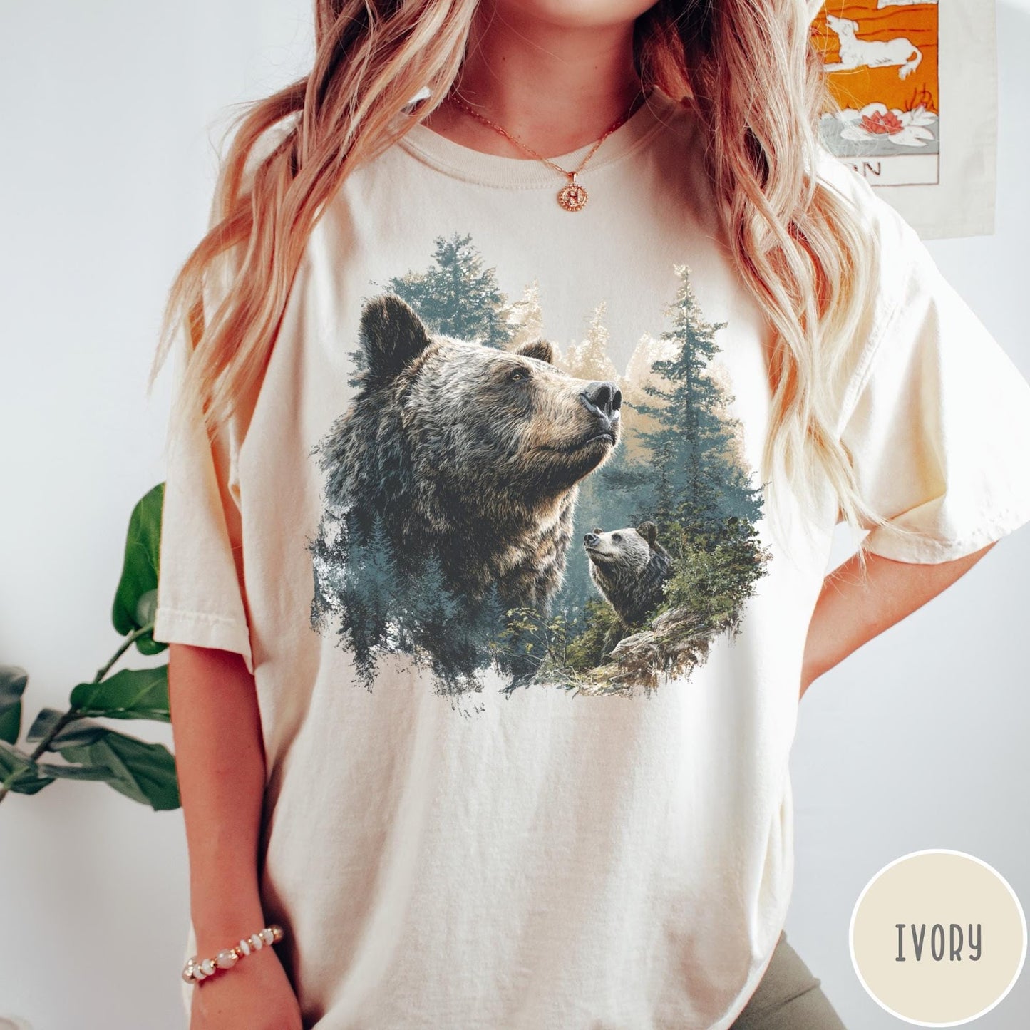 Comfort Colors tee in Ivory featuring vintage nature style graphic of two bears in a forest
