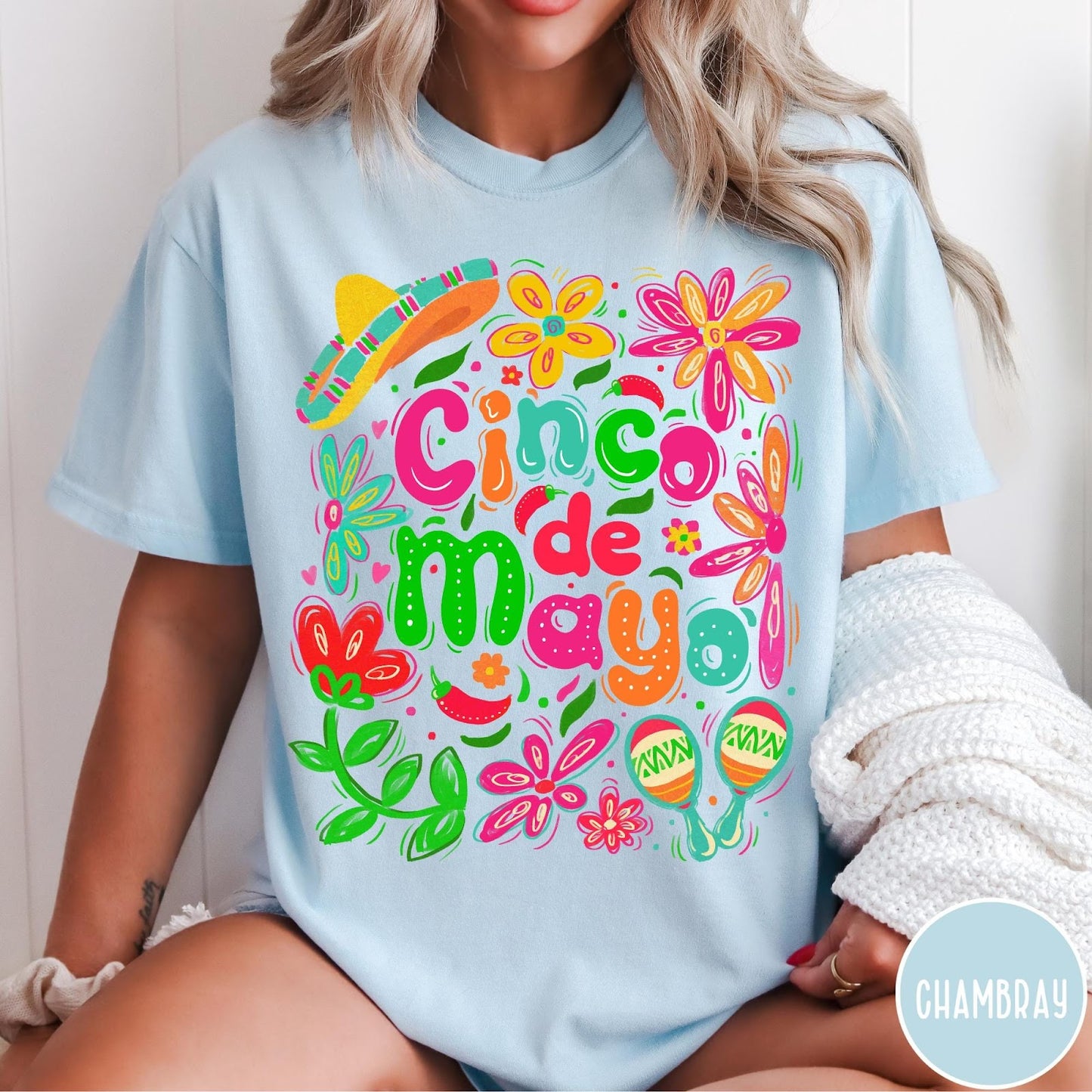 Comfort Colors tee in Chambray featuring festive Cinco de Mayo graphic with sombrero, maracas, and colorful flowers
