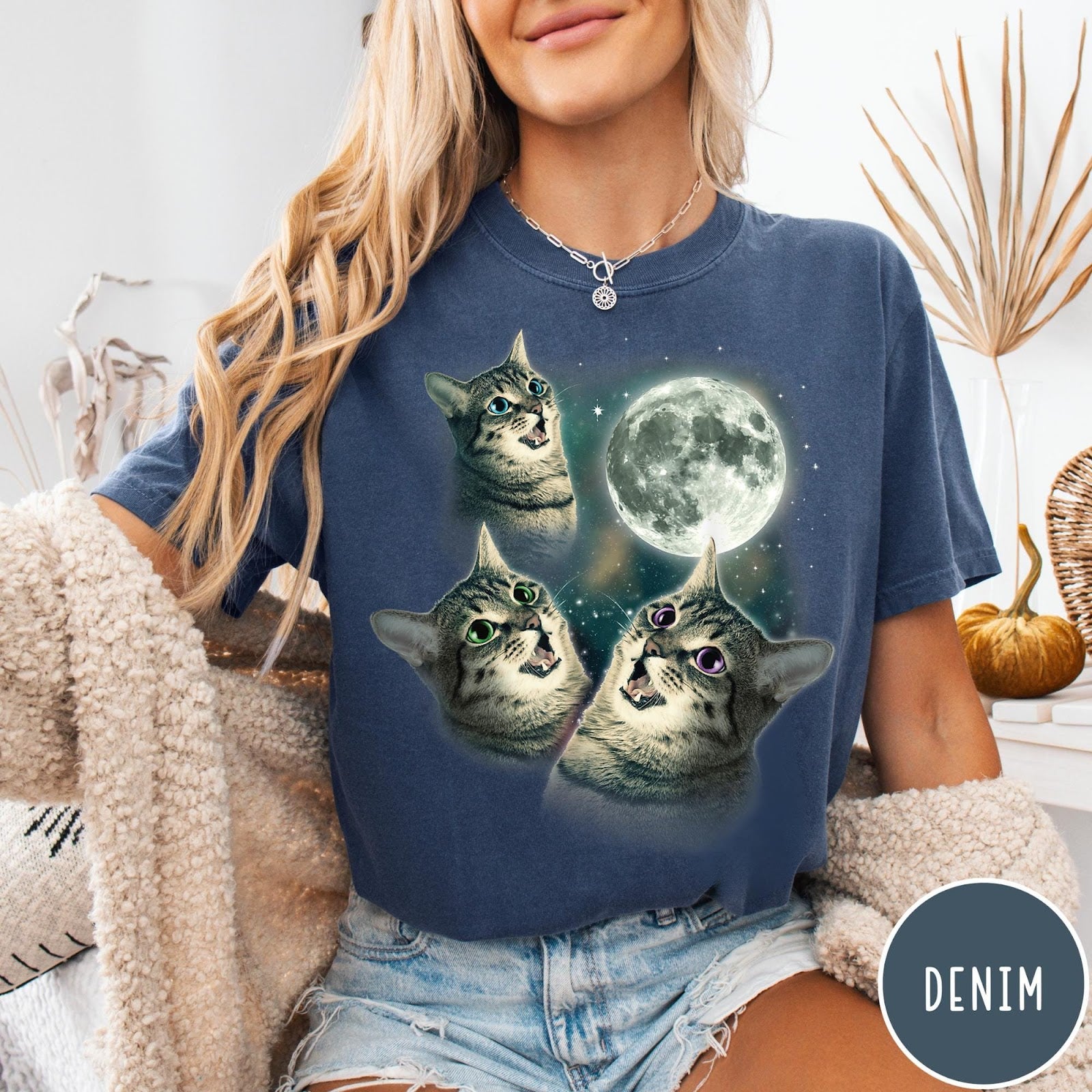 Comfort Colors tee in Denim featuring retro design with three cats looking up at the moon