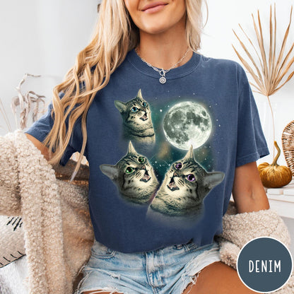 Comfort Colors tee in Denim featuring retro design with three cats looking up at the moon