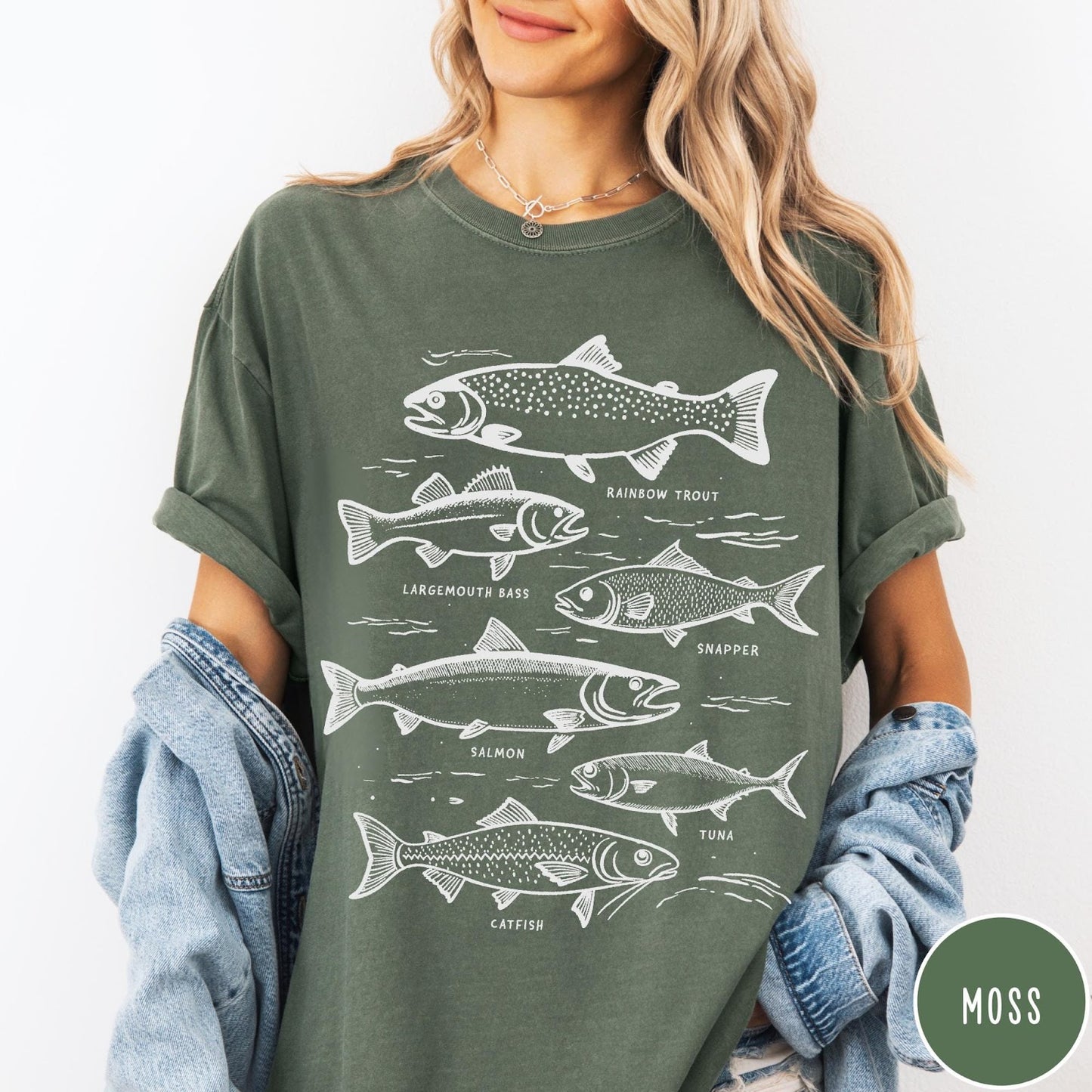 Comfort Colors tee in Pepper featuring vintage line illustration of various fish species with their names labeled.