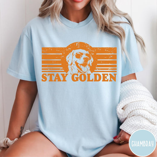 Comfort Colors tee in Chambray featuring vintage style graphic of a Golden Retriever wearing sunglasses and text