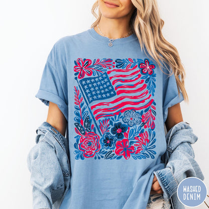 Comfort Colors tee in Washed Denim featuring boho style American flag and floral graphic design