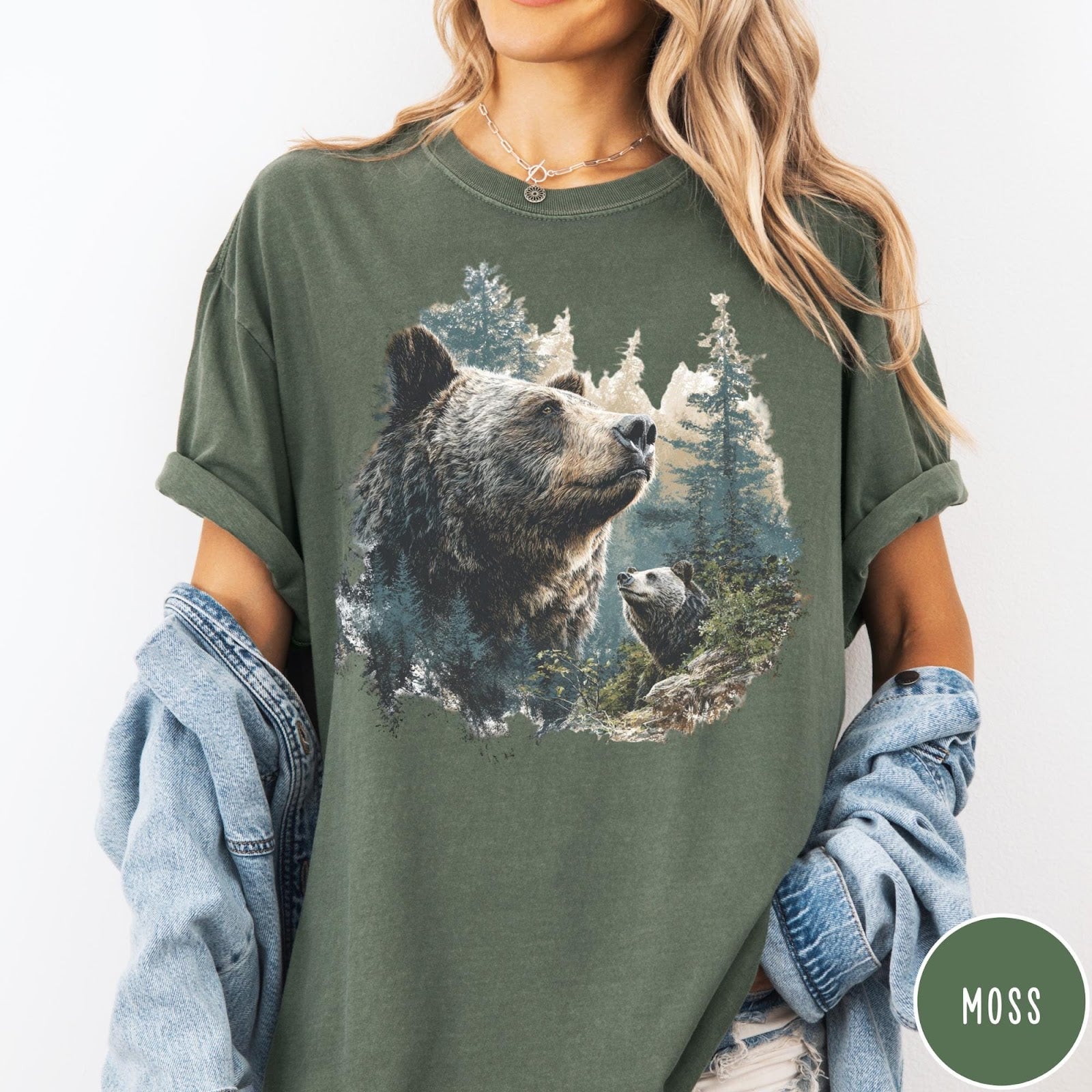 Comfort Colors tee in Moss featuring vintage nature style graphic of two bears in a forest