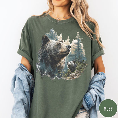 Comfort Colors tee in Moss featuring vintage nature style graphic of two bears in a forest