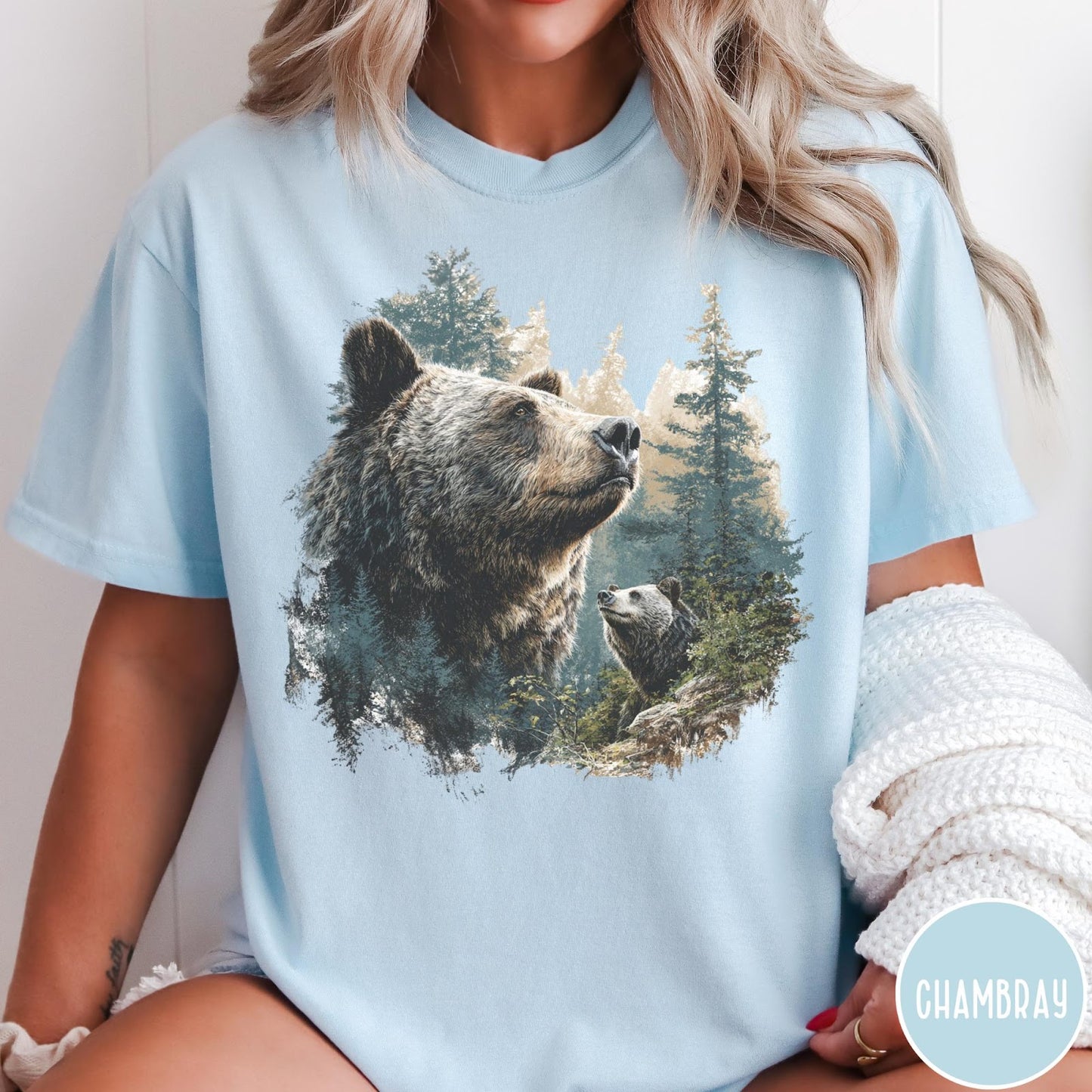 Comfort Colors tee in Chambray featuring vintage nature graphic with two bears in a forest