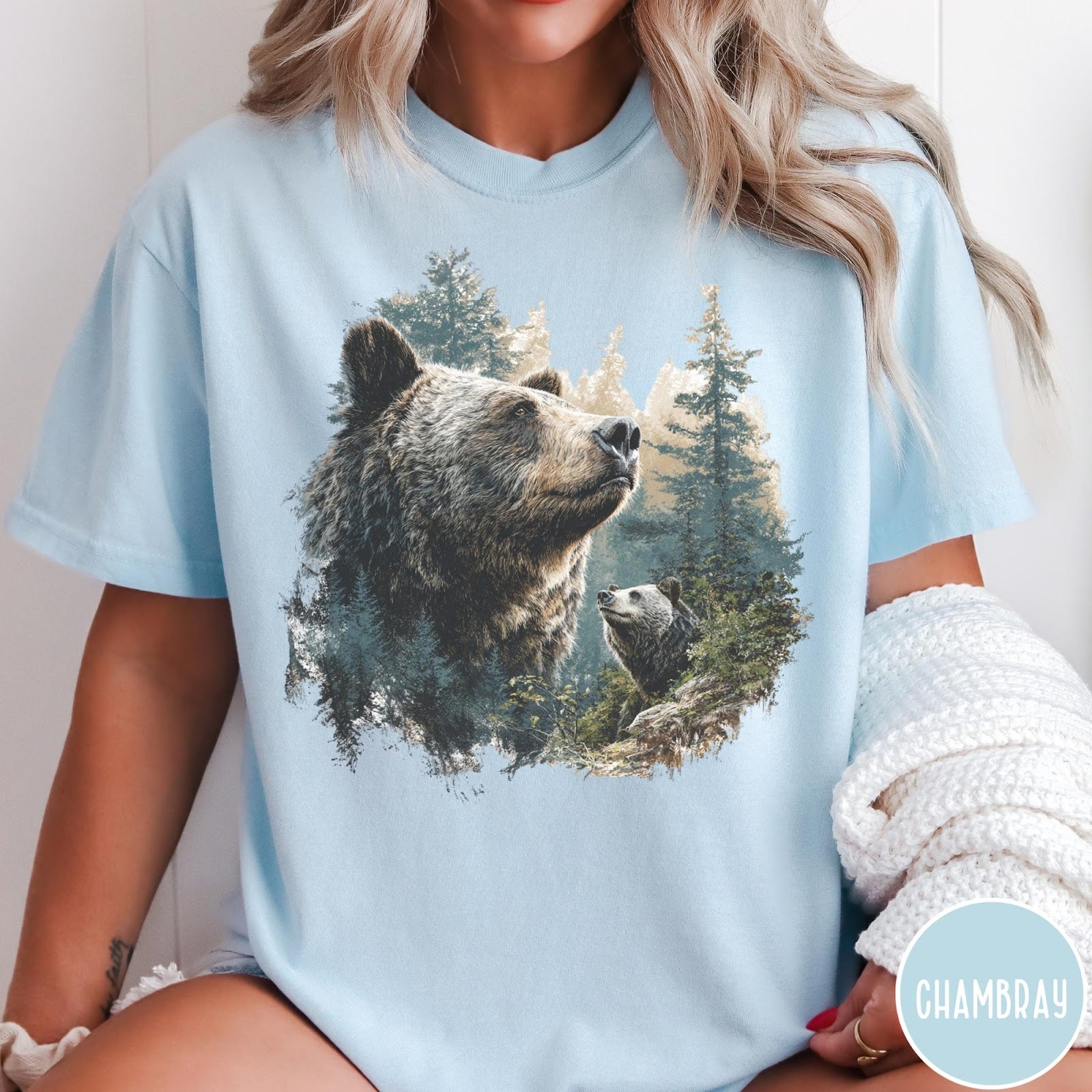 Comfort Colors tee in Chambray featuring vintage nature graphic with two bears in a forest