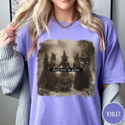 Comfort Colors tee in Violet featuring vintage style graphic of five witches standing in a circle together