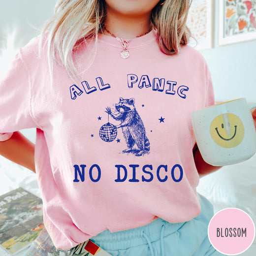 Comfort Colors tee in Blossom featuring screen printed raccoon graphic holding a disco ball with star accents