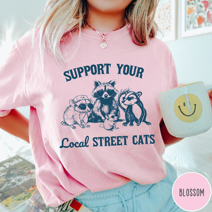 Comfort Colors tee in Blossom featuring illustration style graphic of a raccoon, opossum, and skunk wearing sunglasses