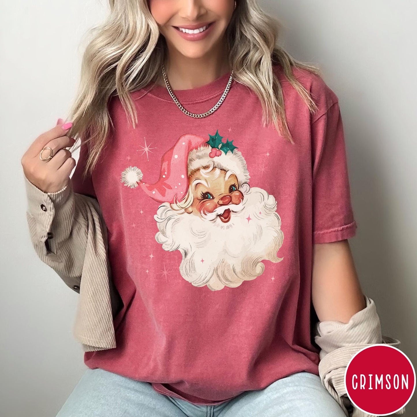 Comfort Colors tee in Crimson featuring retro Christmas style graphic of a smiling Santa Claus with pink hat
