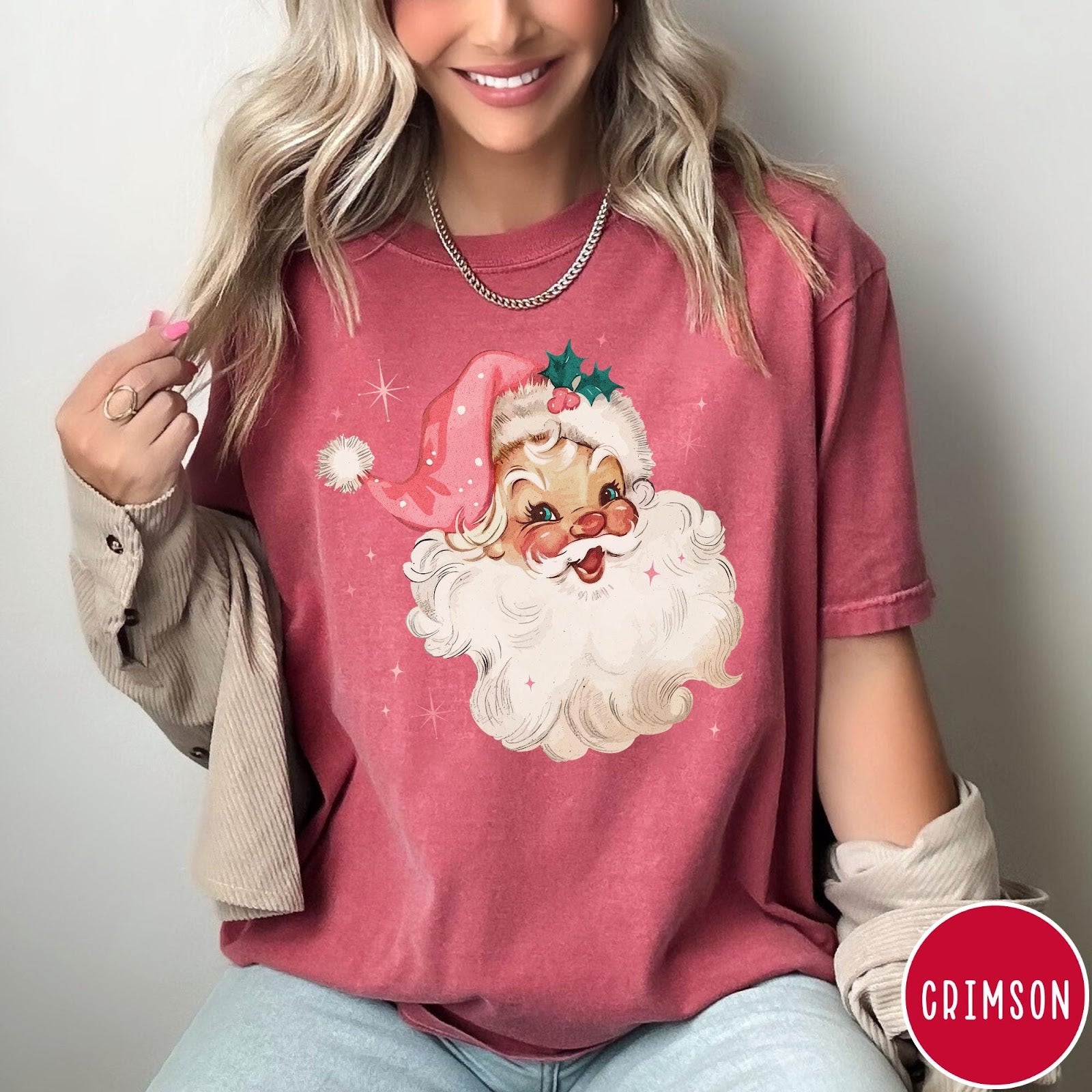 Comfort Colors tee in Crimson featuring retro Christmas style graphic of a smiling Santa Claus with pink hat