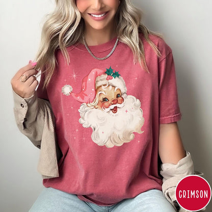 Comfort Colors tee in Crimson featuring retro Christmas style graphic of a smiling Santa Claus with pink hat