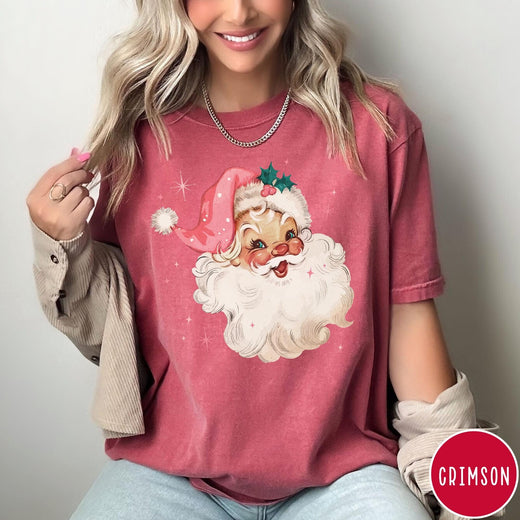 Comfort Colors tee in Crimson featuring retro Christmas style graphic of a smiling Santa Claus with pink hat