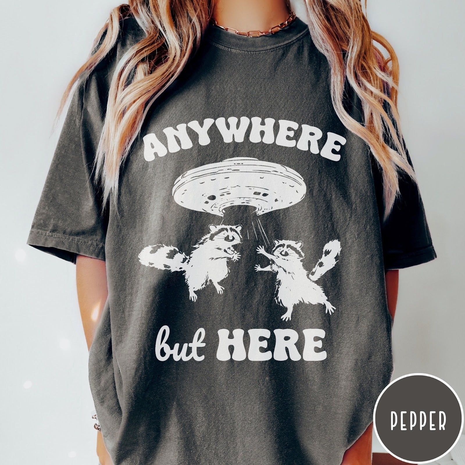 Comfort Colors tee in Pepper featuring whimsical graphic style with two raccoons being abducted by a UFO