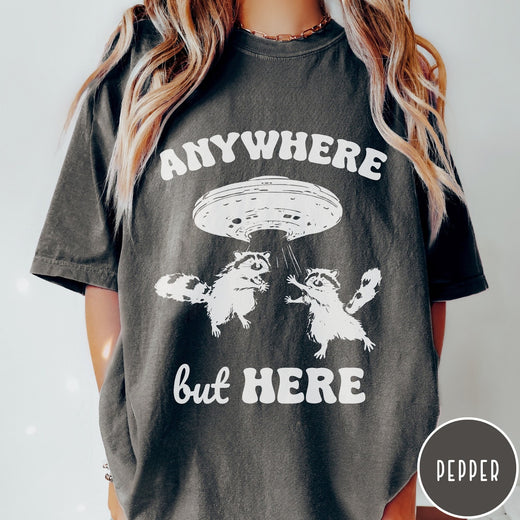 Comfort Colors tee in Pepper featuring whimsical graphic style with two raccoons being abducted by a UFO